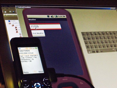 A picture of a sample application running on an emulator communicating with a physical phone used as a server modem.