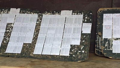 Results for the bac posted outside of the school Lycée Elig-Essono. This location served as a testing center for multiple other schools. Photograph by Valdez Djampop.